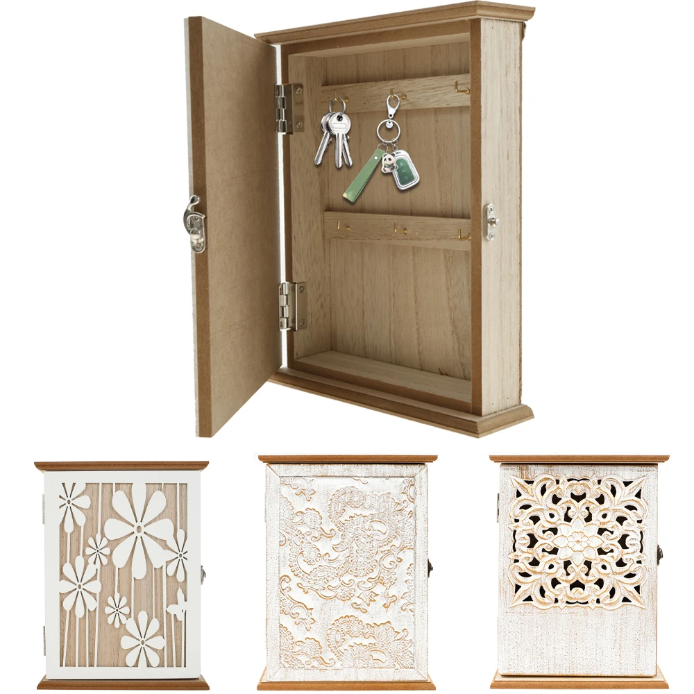 

Wood Key Cabinet Box Wall Mount Vintage Key Rack Decorative Key Holder With Inner Hooks Key Storage for Home Office Entrance