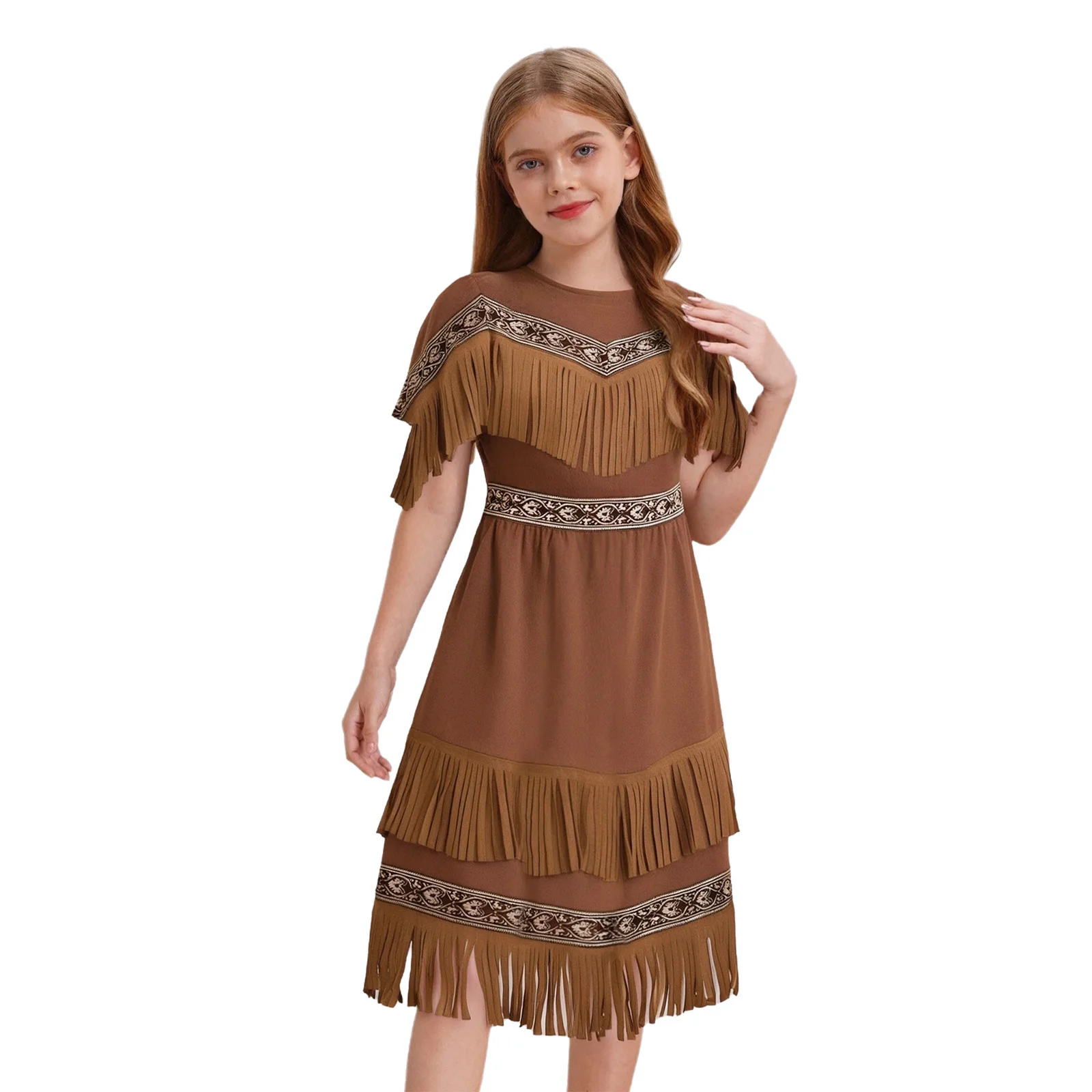 

Halloween Vintage Cowgirl Band Cosplay Dress Short Sleeve Brown Double Layers Tassels Dress Carnival Folkloric Party
