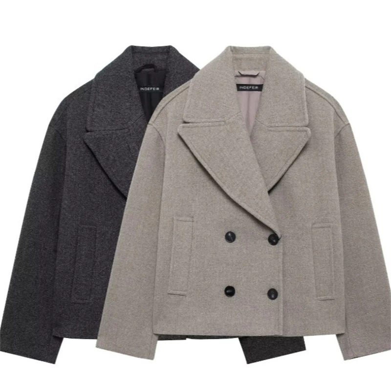 

Модная однотонная двубортная куртка, женские укороченные пальто с отложным воротником и длинными рукавами, осень 2023, новая женская элегантная верхняя одежда