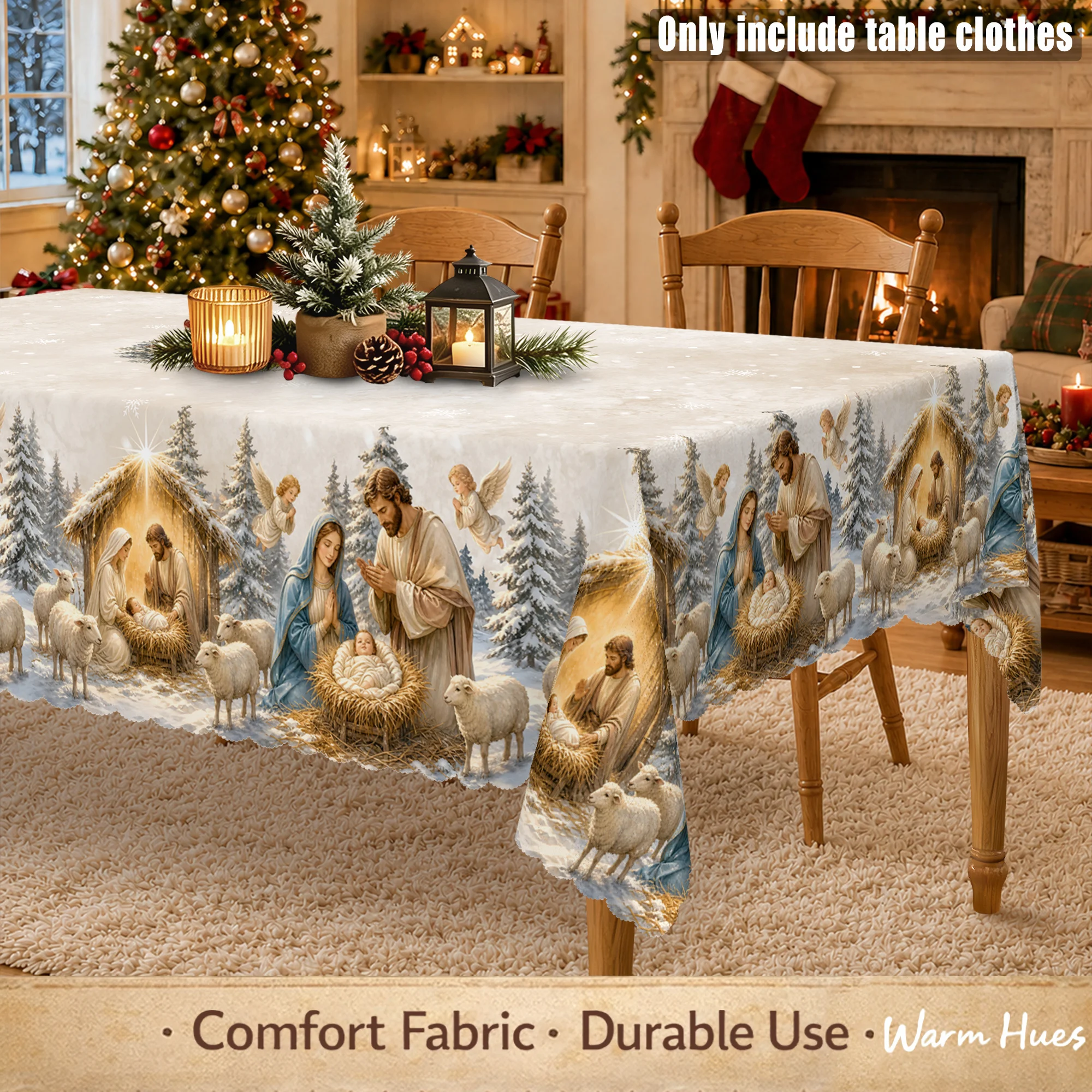 1 piece, retro Christmas nativity theme tablecloth, Christmas manger scene print, winter snow forest