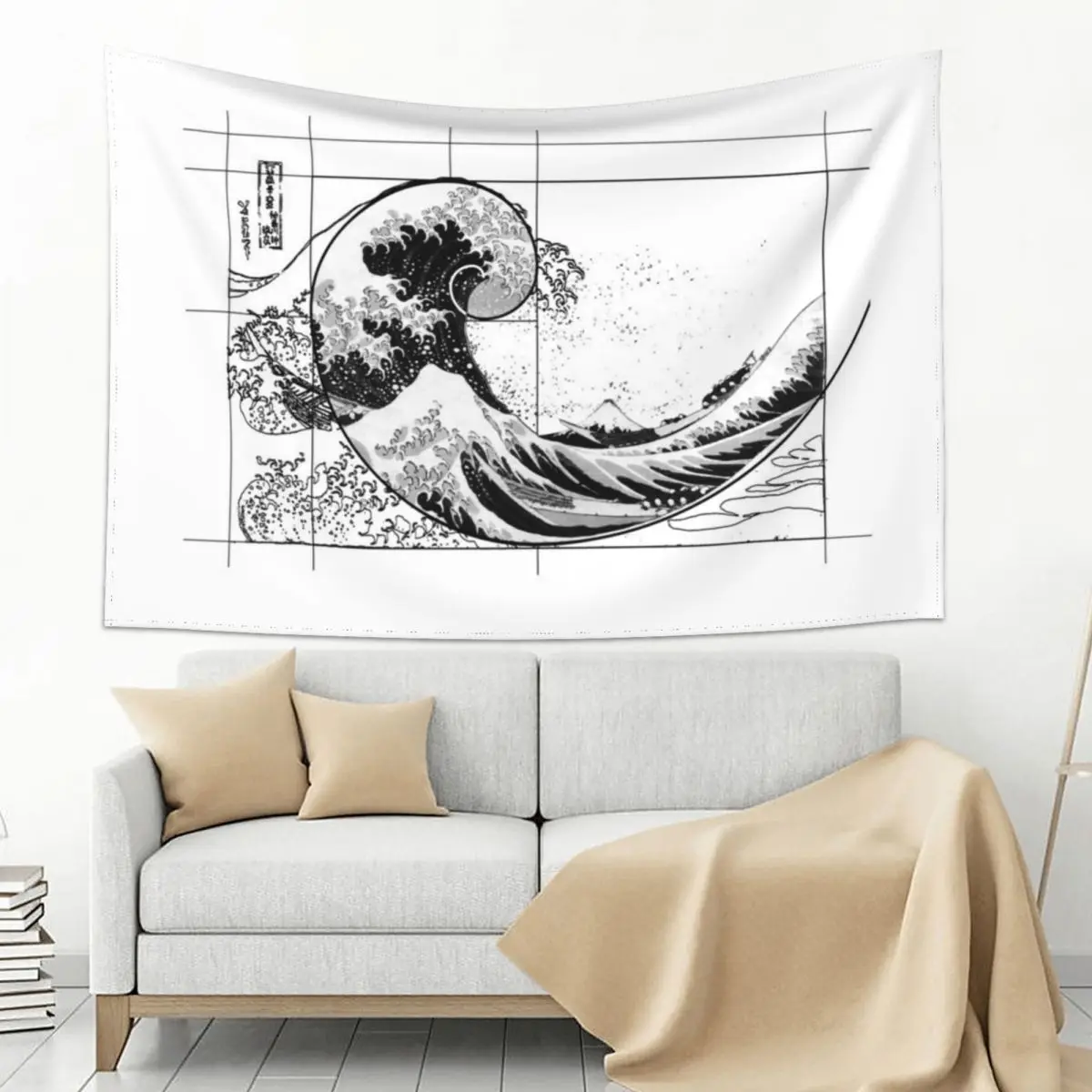 

Hokusai Meets Fibonacci, Black and White, Black LIne Tapestry