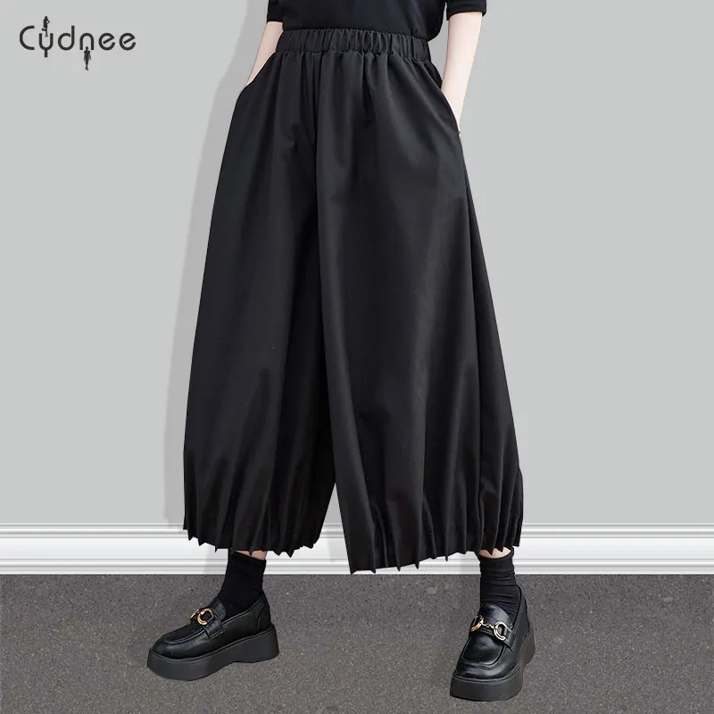 Black Gaucho Palazzo Pants for Women Wide Leg Dress Pants High Waisted Dressy Trousers Tall Plus Size Bloomers with Pockets