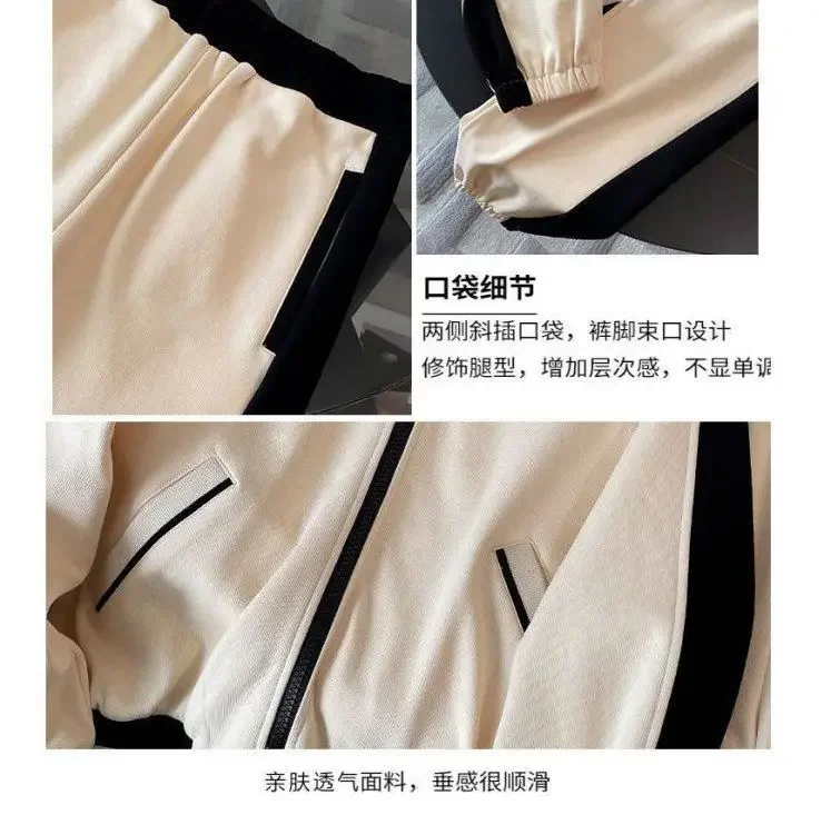 Spring and Autumn Solid Color Patchwork Sports Women's Set Zipper Jacket Elastic Waist Casual PantsTwo Piece Set