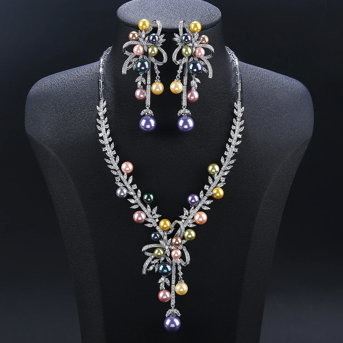 Beautiful Luxury Cubic Zirconia Colors Pearl Bow Flower Necklace Earrings Jewelry Sets Luxury Bridal Wedding Accessories CN11502