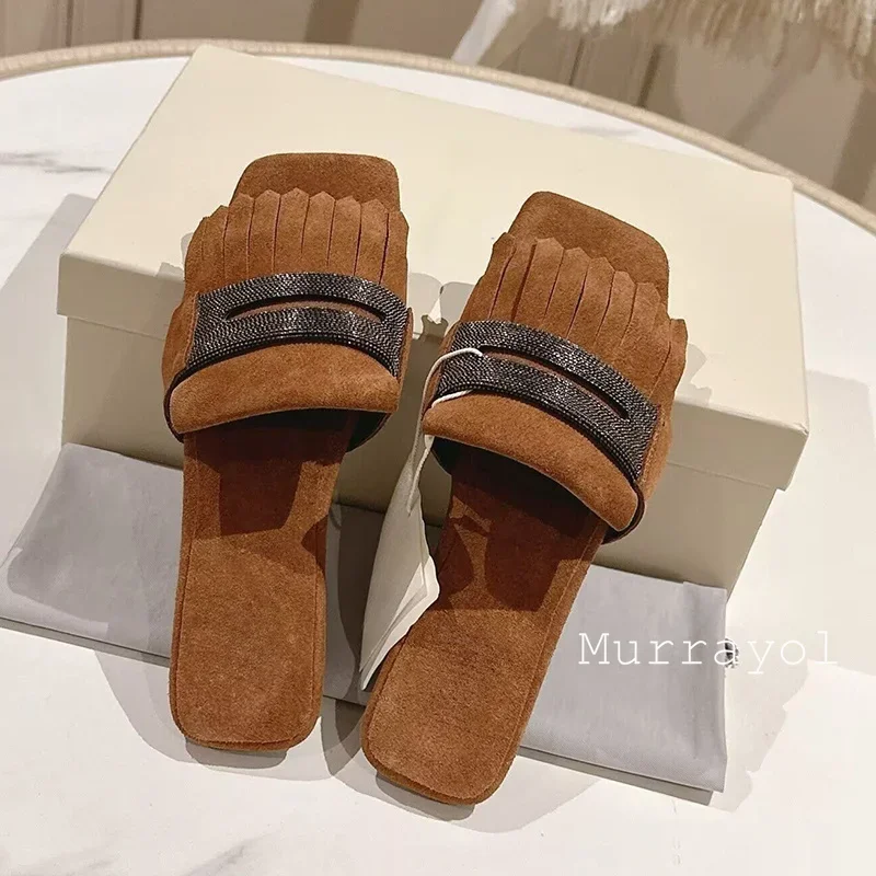 One Strap Tassels Design Flat Bottom Slippers Women Square Toe Cow Suede String Bead Decor Slippers Summer Vacation Shoes