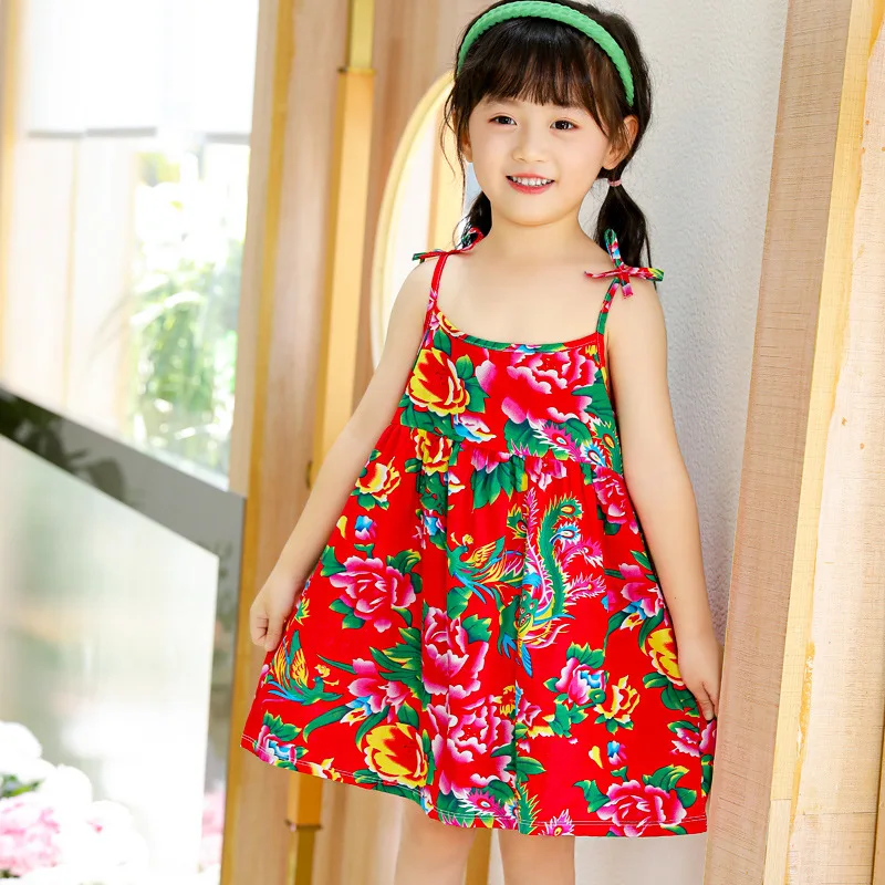 Summer Girls' Printed Cartoon Cute Strap Dress New Children's Day Beach Party Versatile Fashion Breathable A-Line Dress