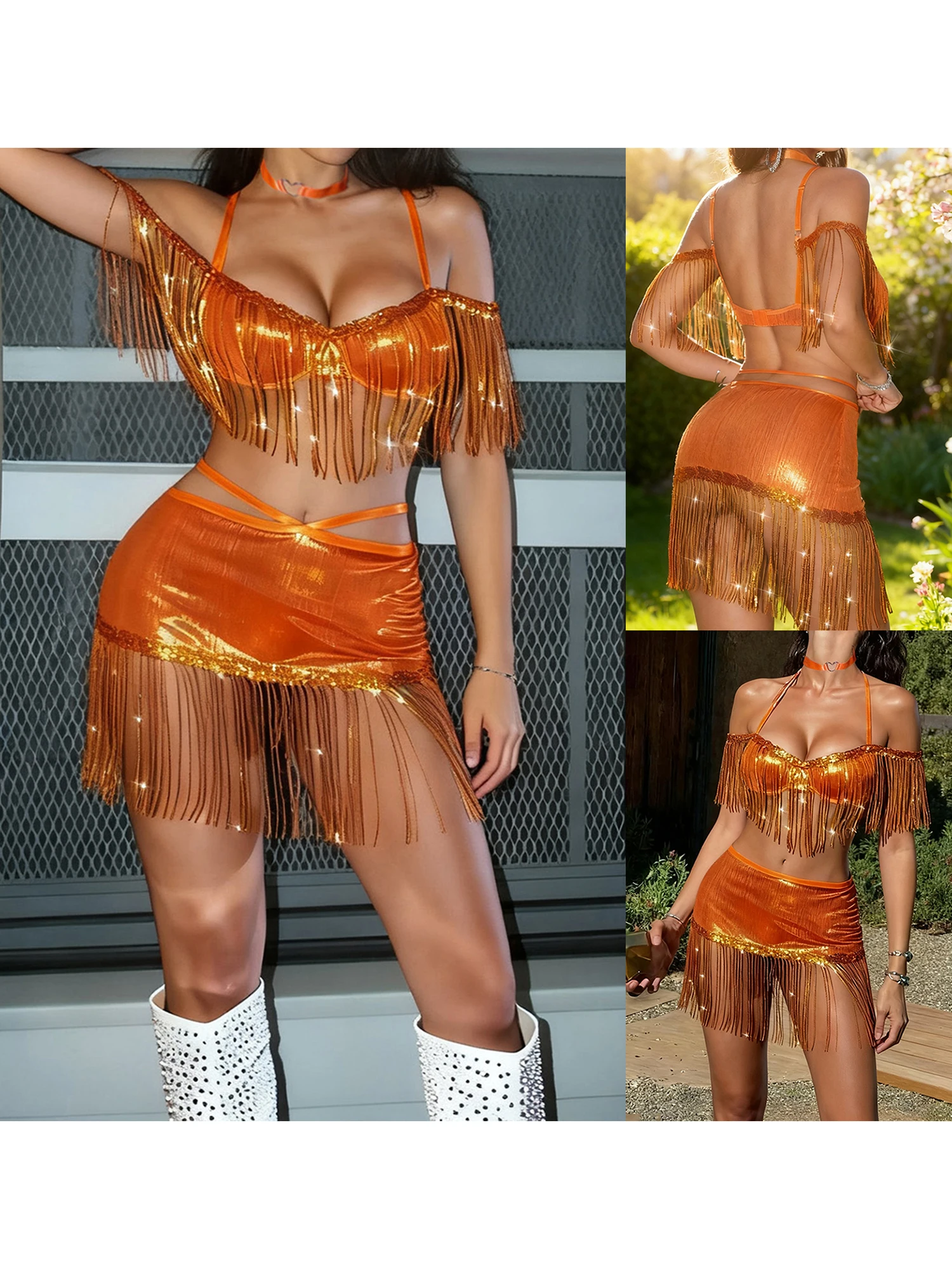 

Sexy Lace Halter Lingerie Set with Garter Belt Thigh High Stockings and Matching G-String Panties 5Pcs Sleepwear for Women