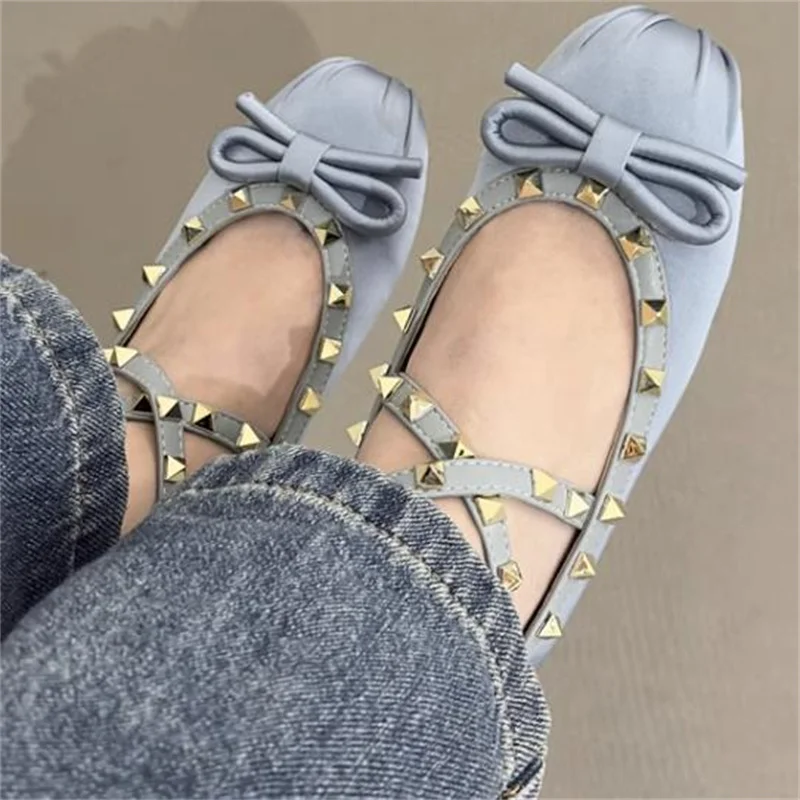 Butterfly-knot Designer Shoes for Ladies Rivets Ballet Female Crossover Belt Maxi Studs Femme Round Toe Women Satin Chaussures