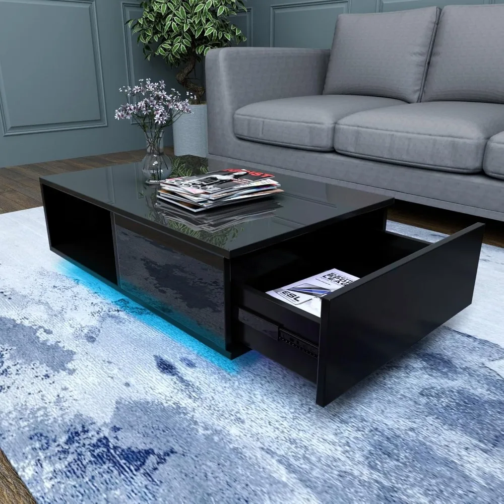 43.3IN Black Coffee Tables for Living Room  Modern Coffee Table with Storage Drawer Rectangle Center Table for Home Furniture