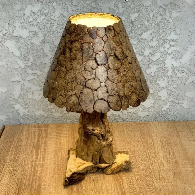

！@Wood Craft Table Lamp H50cm Engraved Lumber Slice Cover Natural Tree Base Modern Artistic Decor Piece