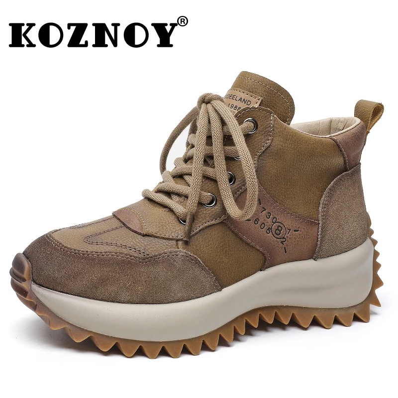 Koznoy 5CM Cow Genuine Leather Women Chunky Sneakers Platform Wedge Winter Plush Autumn Flat Fashion Thick Bottom Causal Shoes