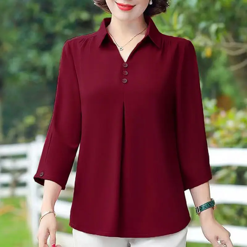 2024 Summer Elegant and Stylish Simple Polo Collar Panel Button Loose Leisure Oversize Three Quarter Solid Color Shirt for Women