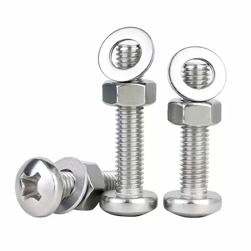 Винт с полукруглой головкой M2-M10, трехкомпонентный комбинированный винт из нержавеющей стали 304, гайка, шайба, набор крестообразных болтов с круглой головкой
