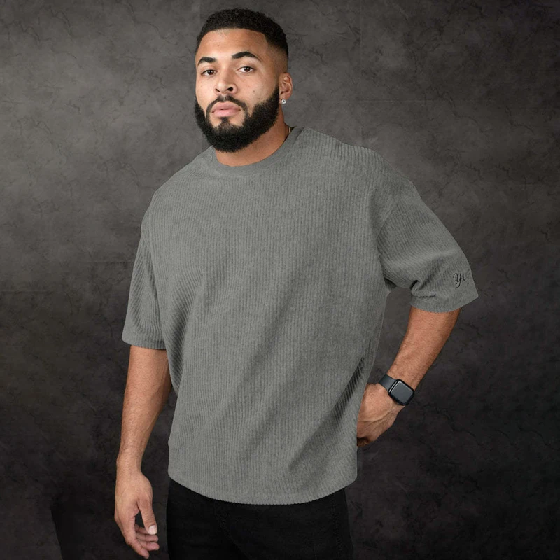 Streetwear casual white men's T-shirt loose crew neck short sleeve T-shirt top vertical embroidery simple fashion men's wear