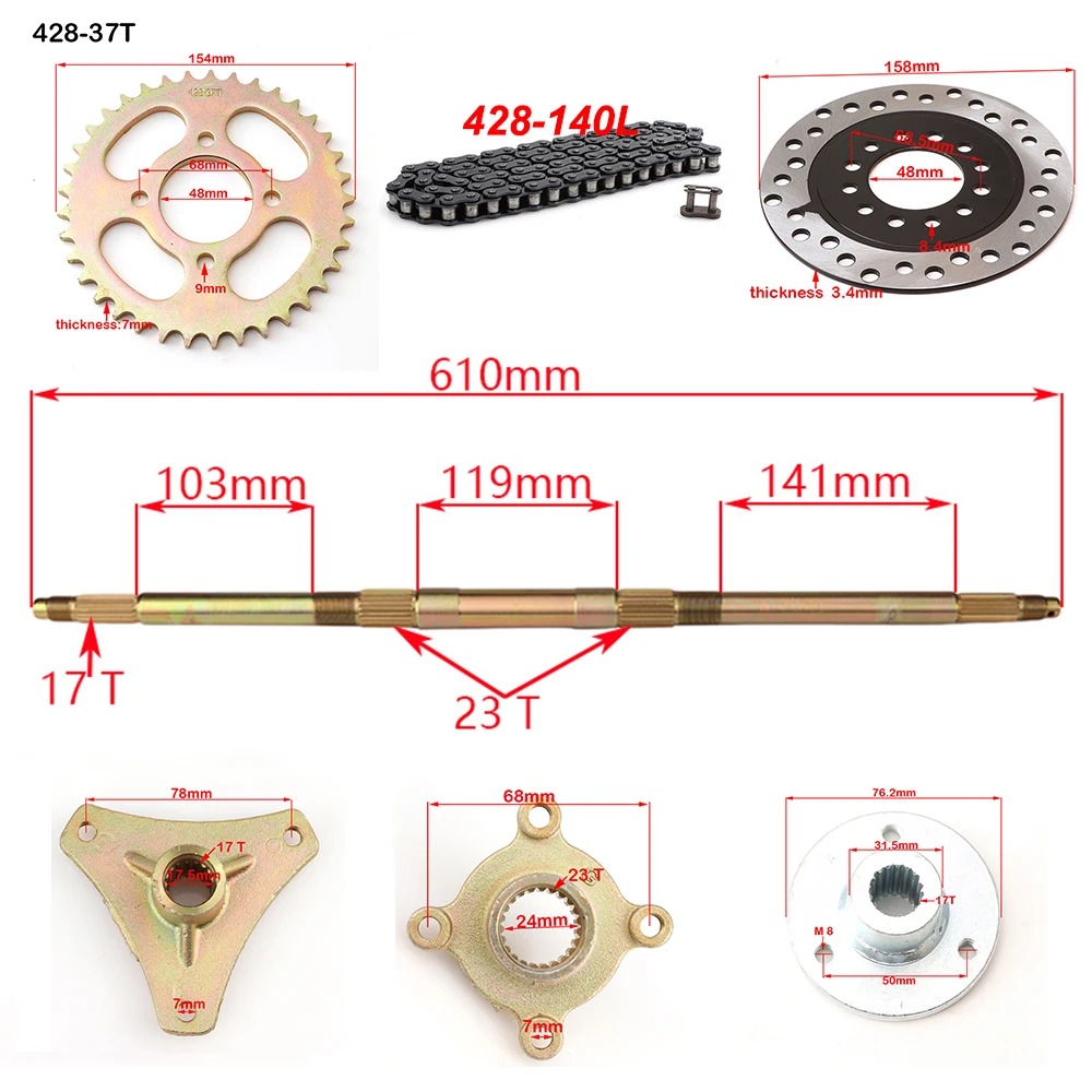 610mm Rear Axle Assy with UCP204 Bearing M8*3 Hub 160mm Brake Disc 428-37T Sprocket for DIY UTV ATV Quad Bike Buggy Parts