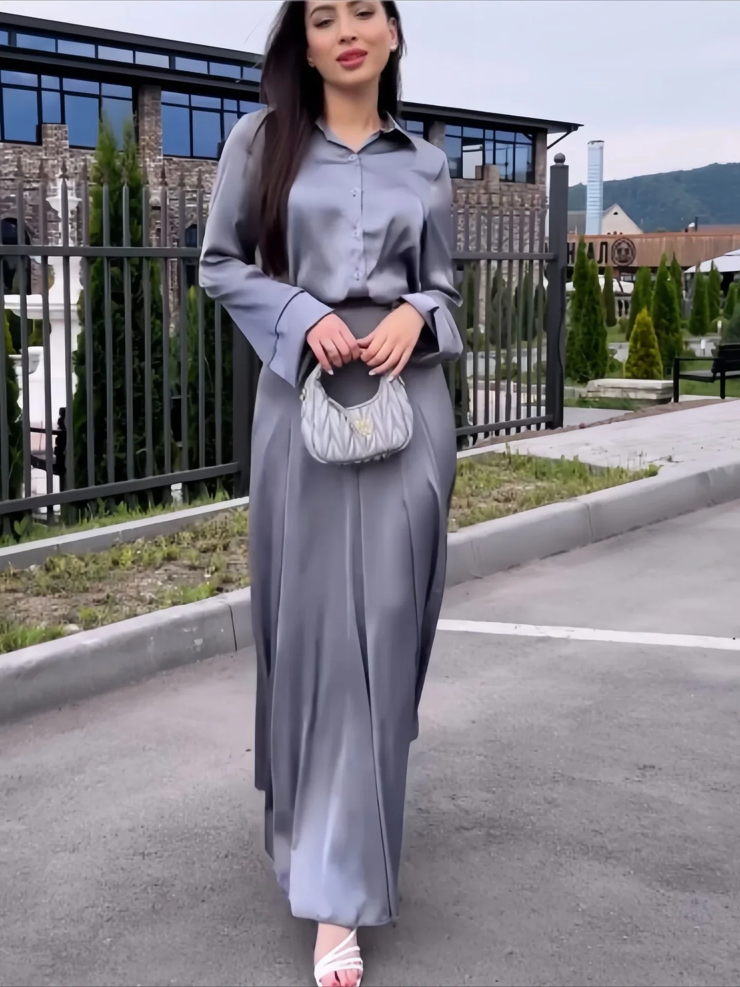 Muslim Women Two Piece Skirt Sets Full Sleeve Shirts Button High Waist A Line Long Skirts Slim Fit Solid Splice Autumn 2024