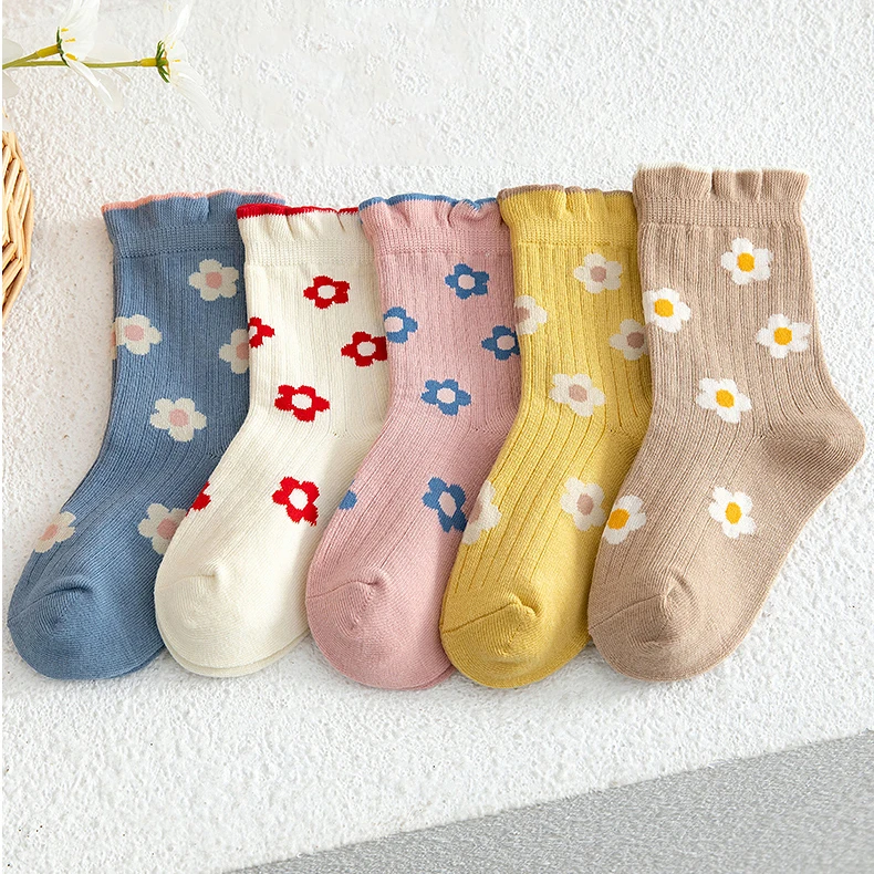 5 Pairs Kids Girls Crew Socks Ruffle Cuff Floral Print Soft Breathable All‑Season Casual Princess Children Socks