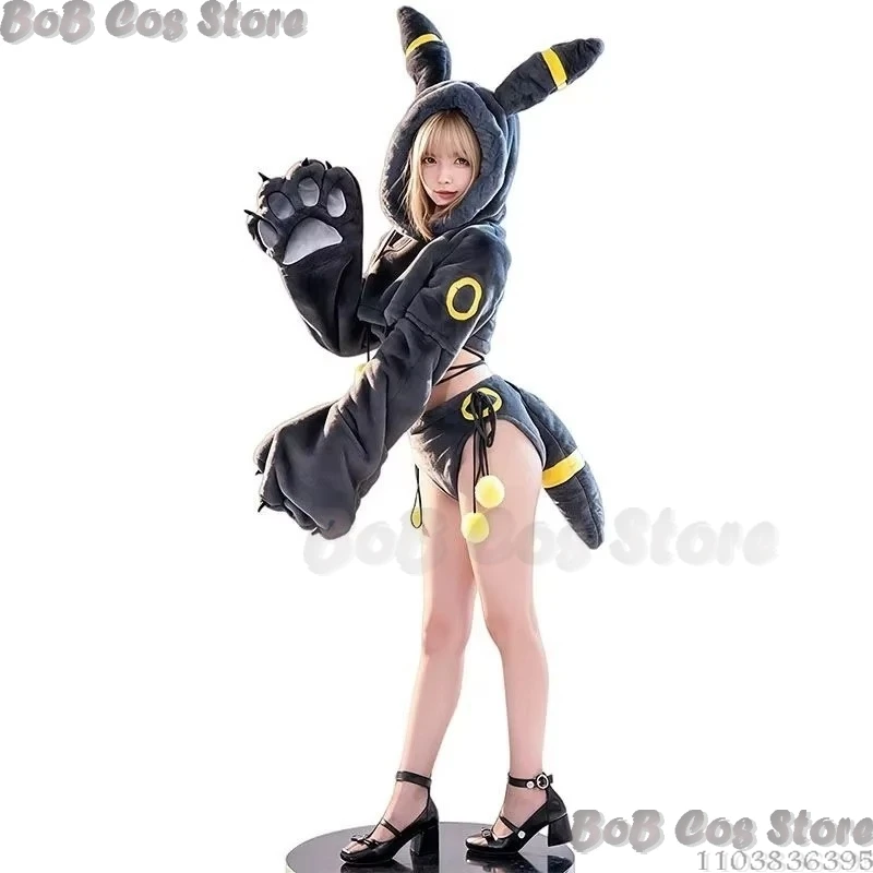 Umbreon Cosplay Damen-Dessous Kawaii Plüsch-Homewear Pfoten-Handschuhe Hoodie-Oberteil Uniform für Halloween, Navidad, Karneval-Event