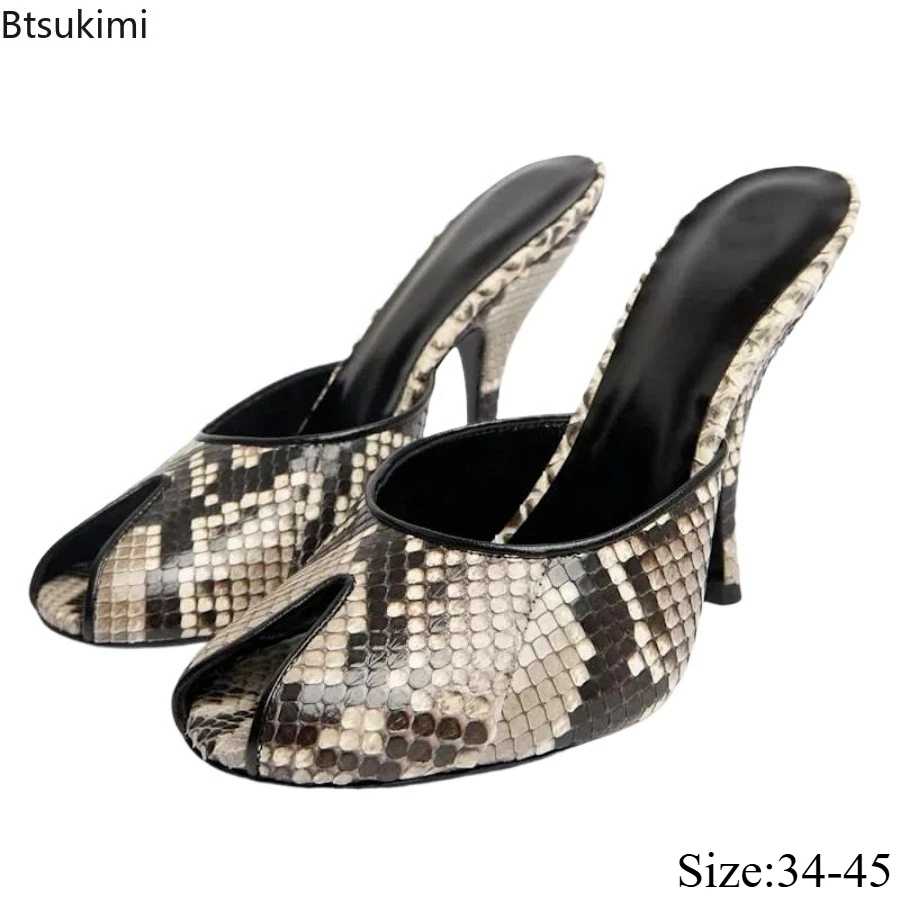 Women's Snake Patterned Open Toed Slim High-heeled Shoes Fashion Printed Leather High-heeled Sandals Summer Casual Mule Sandals