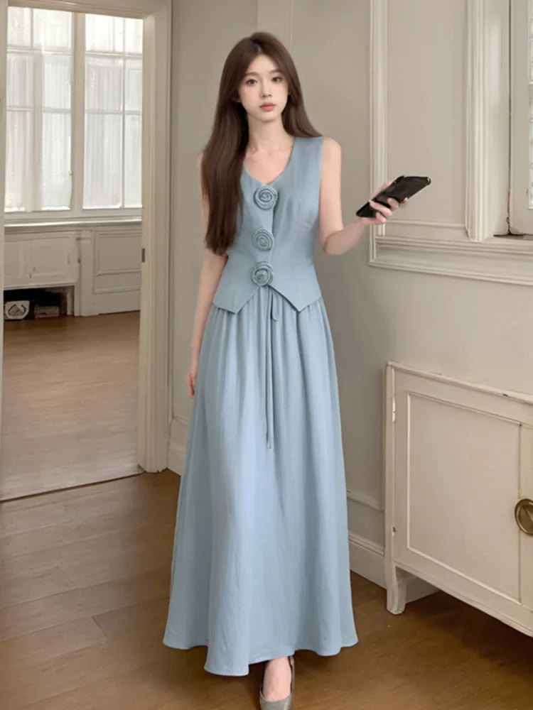 High Quality French 2 Piece Sets Woman Outfit Korean 3D Flowers V-neck Short Sleeveless Top + Long Skirt Suits Ensemble Femmes