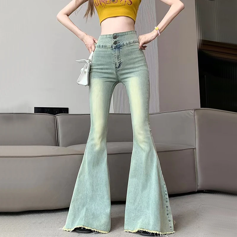 

Y2K Vintage Raw Edge Flare Jeans Women Korean High Waist Slim Denim Pants Solid Hip Hop Streetwear All Match Wide Leg Trousers