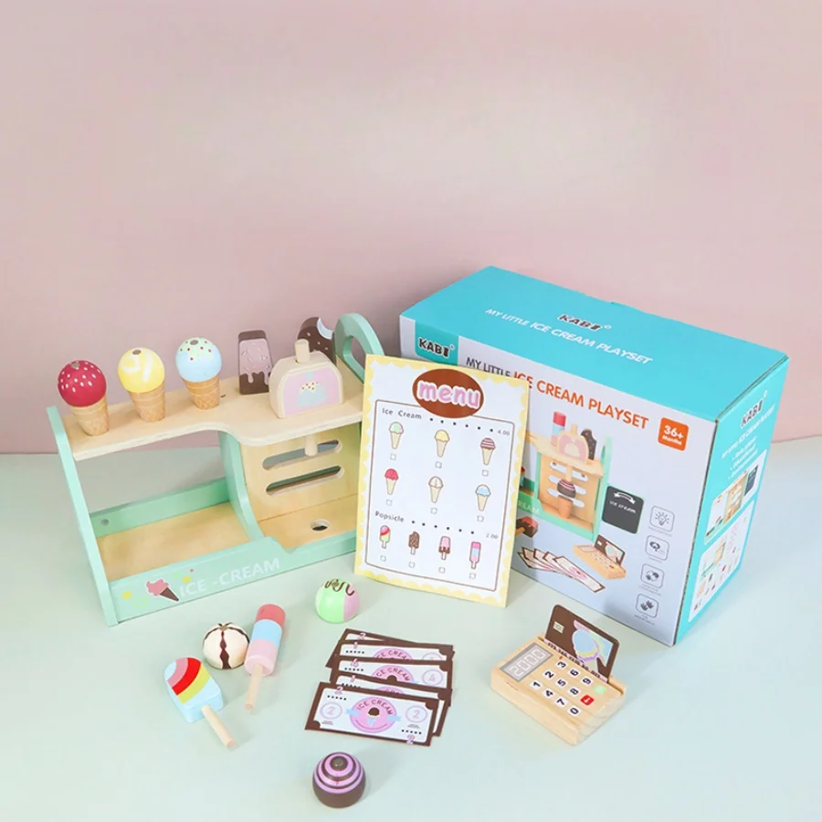 

Children's simulation dessert shop ice cream, ice cream tea set tray, boys and girls playing house, wooden toys as gifts