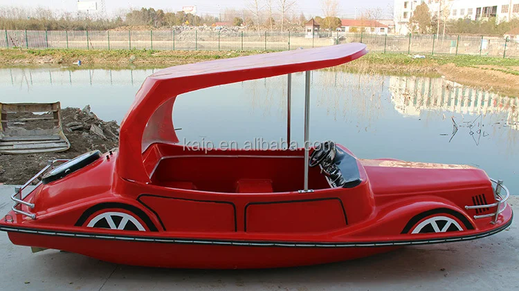 Red car model 4-person electric boat with kids play on the water customized color car model fiberglass boat for sale