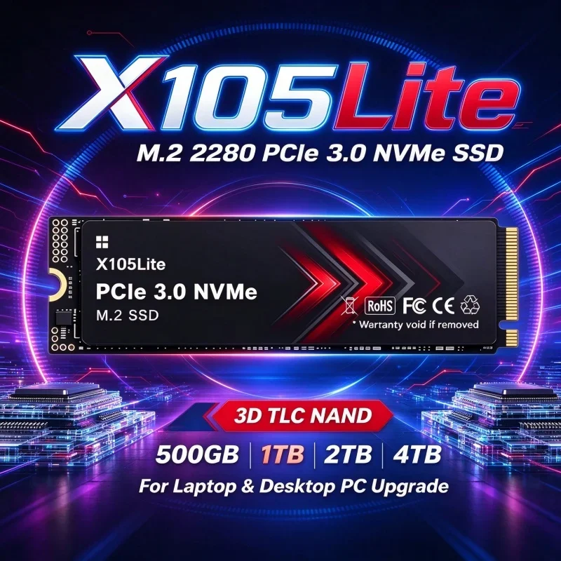 X105Lite M.2 2280 PCIe 3.0 SSD NVMe 3D TLC NAND 500GB/1TB/2TB/4TB Disco Rígido de Estado Sólido para Atualização de PC de Mesa e Laptop