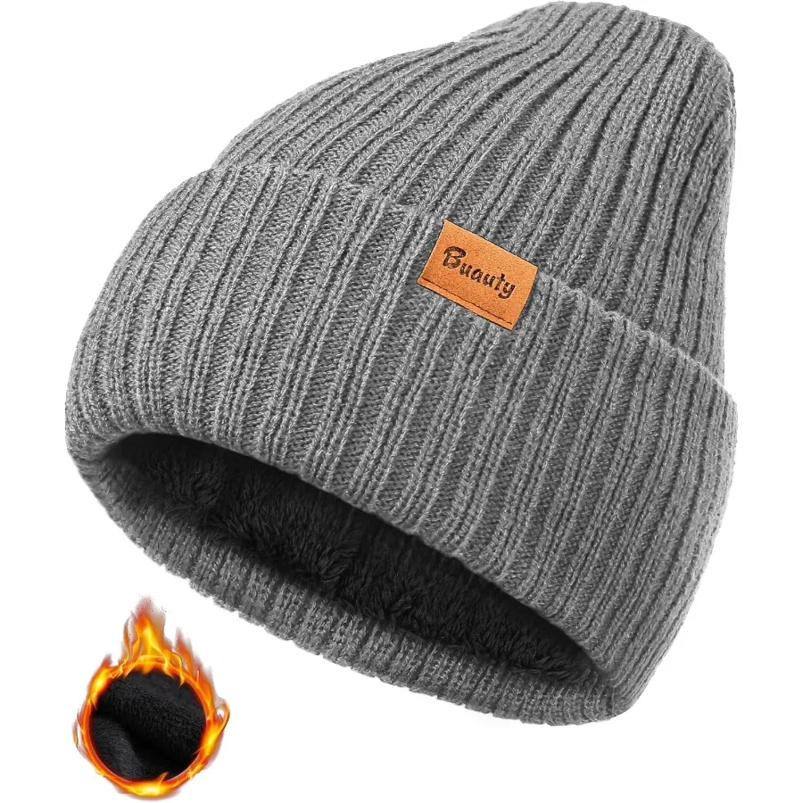 

Beanie Hats for Men Women Fleece Winter Hat Chunky Knit Skull Stocking Caps for Guys Thermal Snow Hat Heated Cuffed Gift