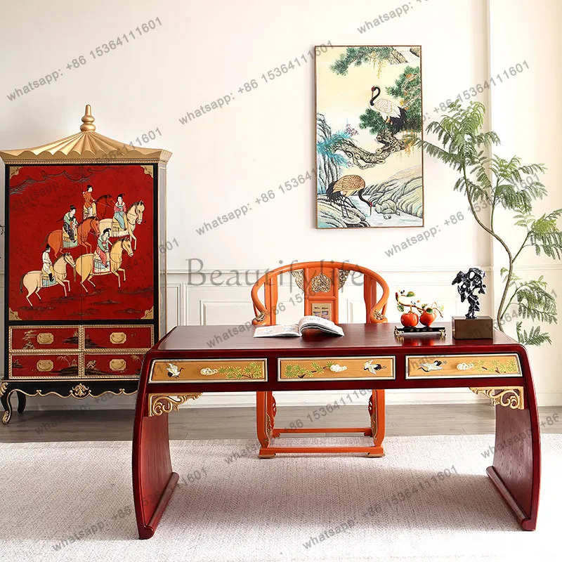 FG New Chinese Solid Wood Dining Table Painted with Drawing Desk Computer Desk Writing Desk