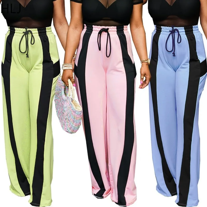 

HLJ Casual Color Block Loose Pants Women Elastic Waistband Drawstring Patchwork Straight Pants Female Sportswear Bottoms New