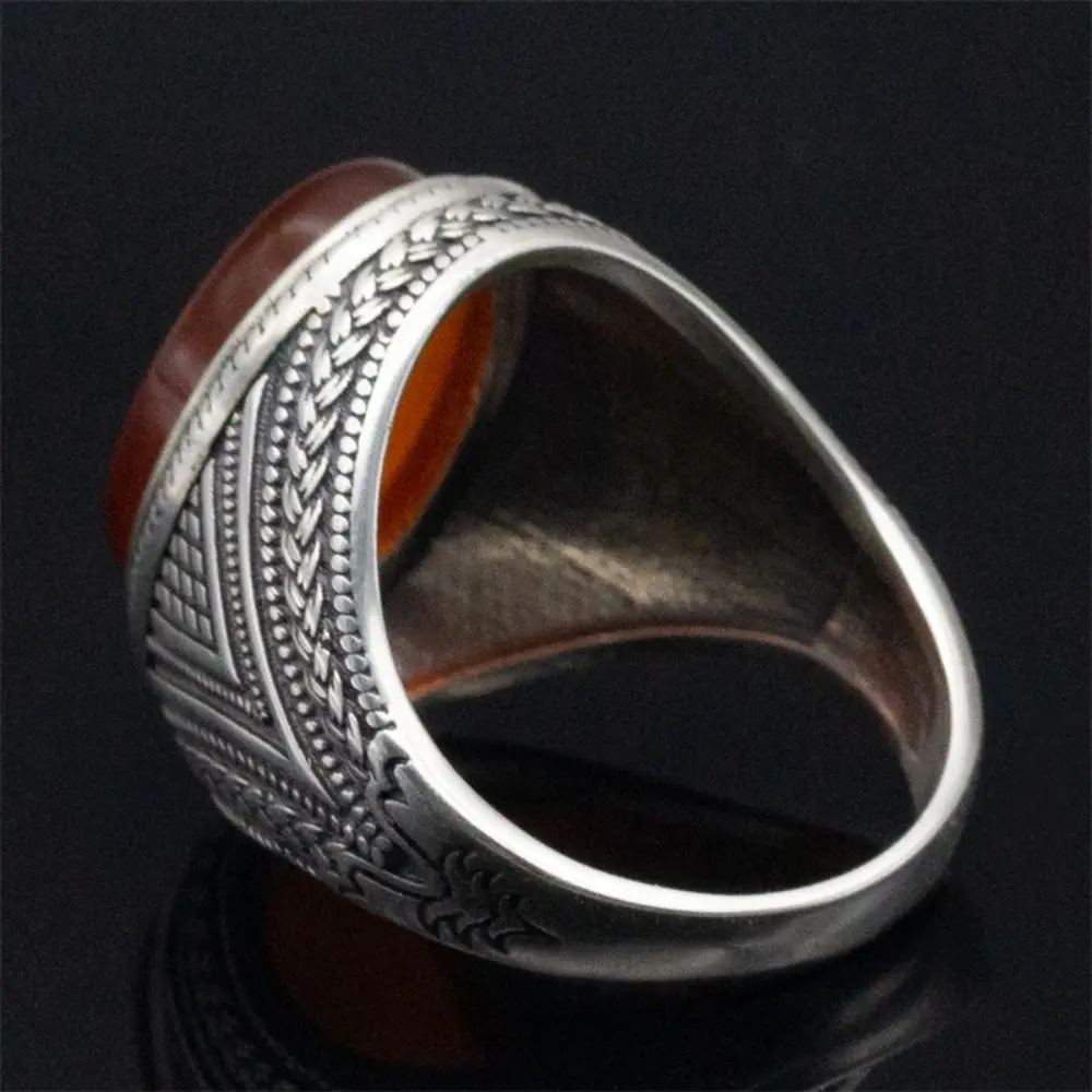 Wholesale Real 925 Sterling Silver Rings Men Natural Red Agate Stone Vintage Handmade Statement Wedding Hand Ring