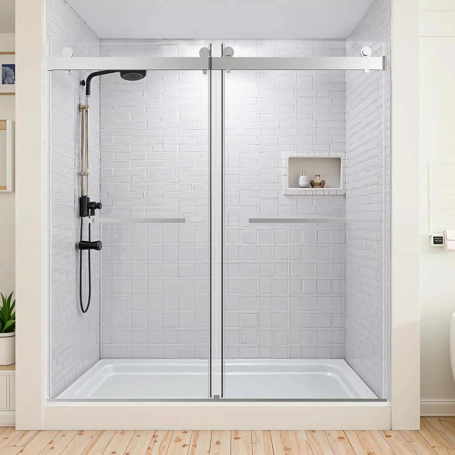 

68-72" W X 76" H, Double Sliding Soft Close, Glass With 3/8 Inches (10mm) Frameless Shower Door