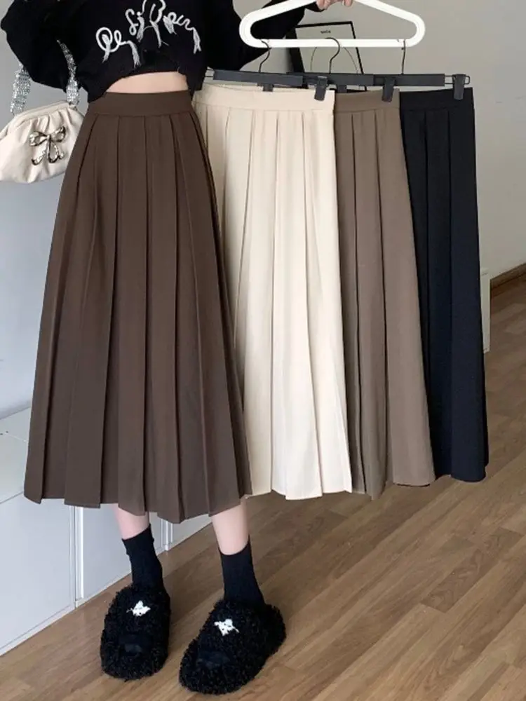 

HOUZHOU Long Pleated Skirt Women Vintage Korean Fashion Solid High Waist A-line Midi Skirt School Girl Elegant Casual Autumn