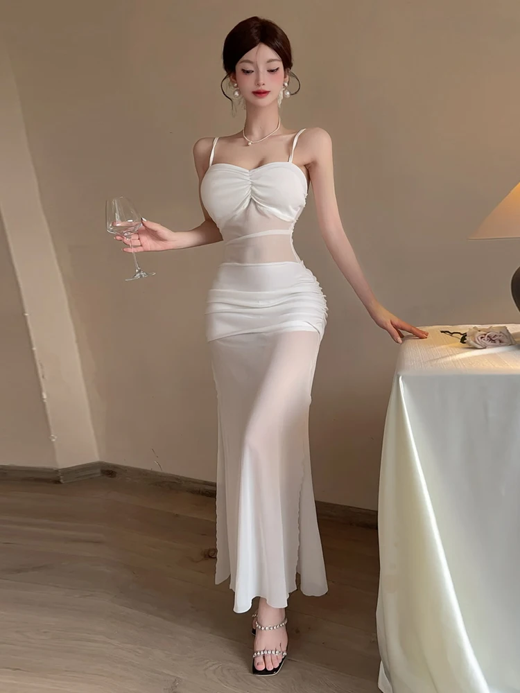 

Прозрачное базовое платье Ele Me, сексуальное облегающее длинное платье с разрезом на талии для молодых женщин летом, H-образная форма, одно плечо