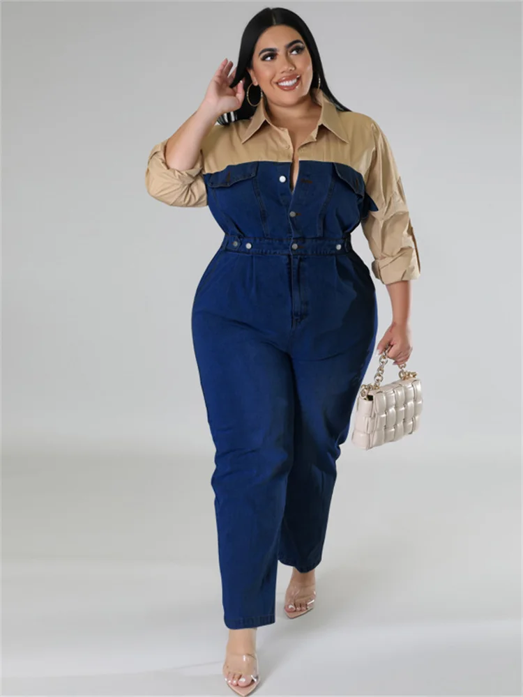 Wmstar Plus Size Denim Jumpsuit Nữ Miếng Dán Cường Lực Nút Tay Dài Thời Trang Túi Lưng Thun Áo Liền Quần Sỉ Dropshipping