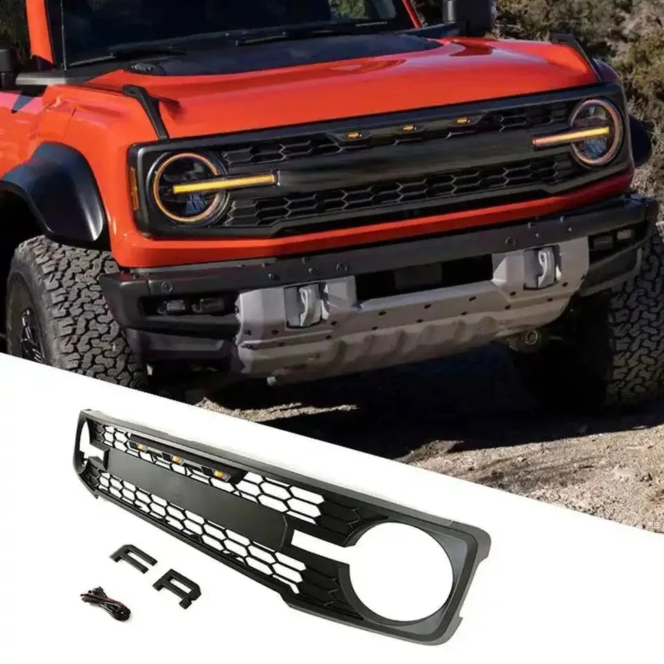 Front Bumper Grille for Ford Bronco 2021-2025 Raptor Style with Amber LED Lights Radiator Grill Mesh Replacement ABS Accessories