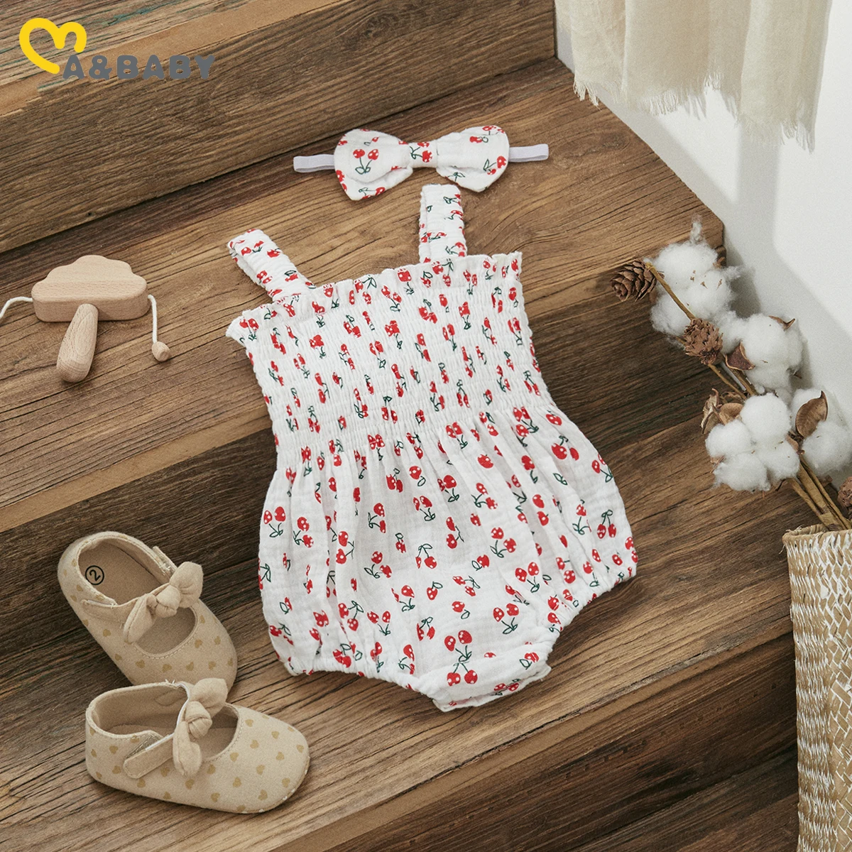 

Комбинезон ma&baby для новорожденных девочек от 0 до 18 месяцев, комбинезон для малышей с рюшами, без рукавов, с вишнёвым принтом, летняя одежда
