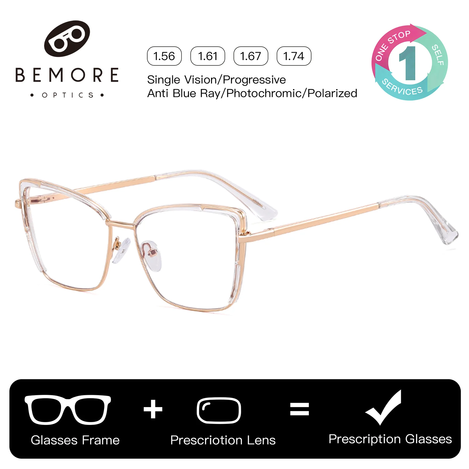 BEMORE High-Quality Metal Cat Eye Progressive Glasses Women Butterfly Anti-Blue Ray Multifocal Photochromic Prescription Eyewear