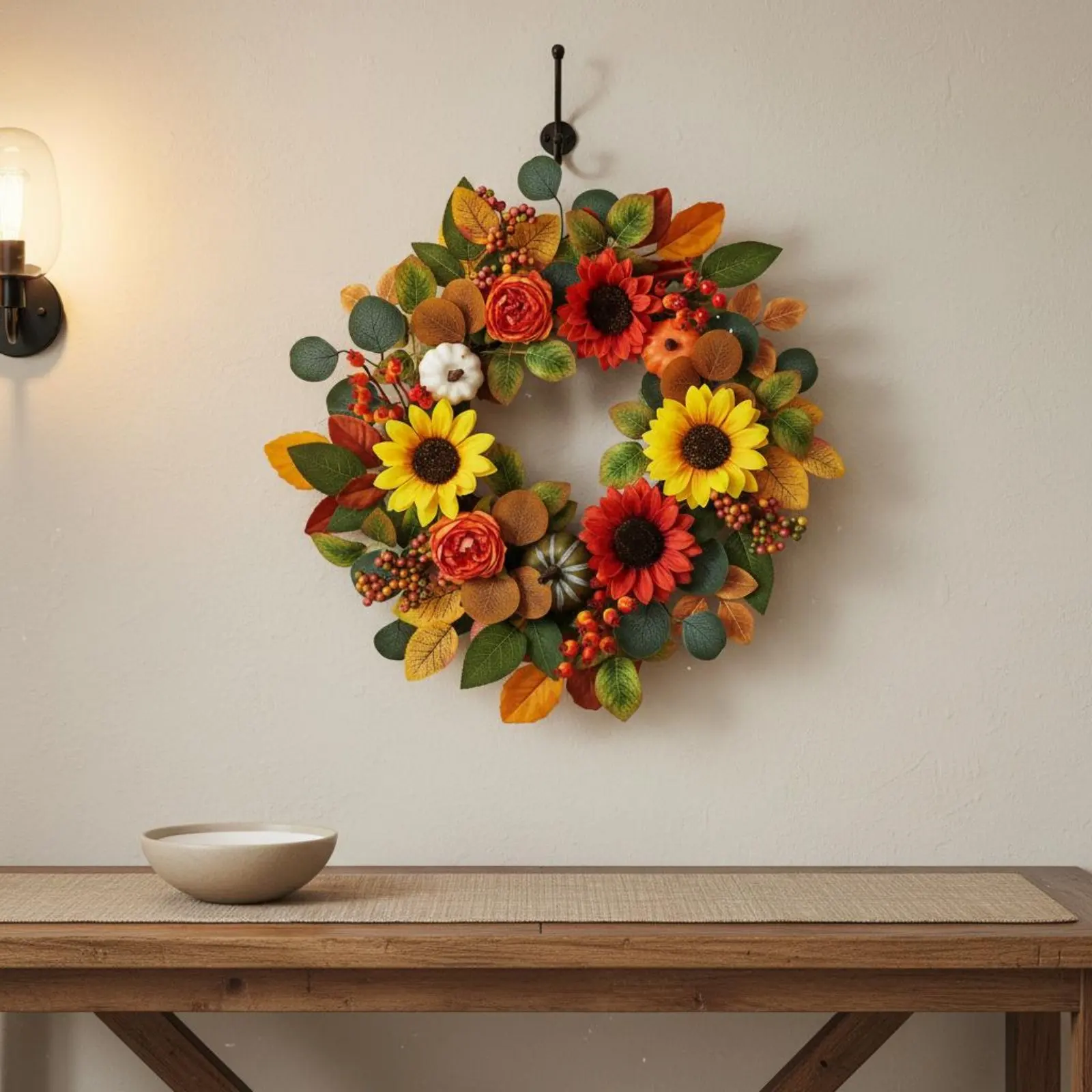 

Thanksgiving Wreath No Wilting Harvest Wreath Wall Hanging Artificial Home Decor Handmade for Porch
