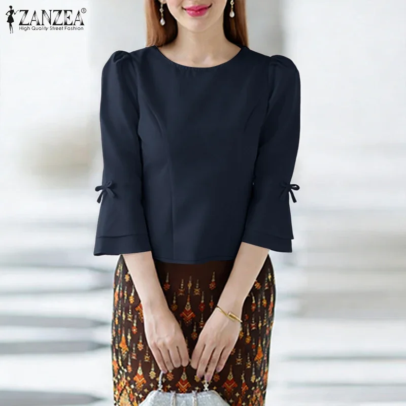 

ZANZEA Summer Woman Elegant Short Blouses O-Neck Bow Details 3/4 Flared Sleeves Princess Seam Tops Solid Color Blusas de Mujer