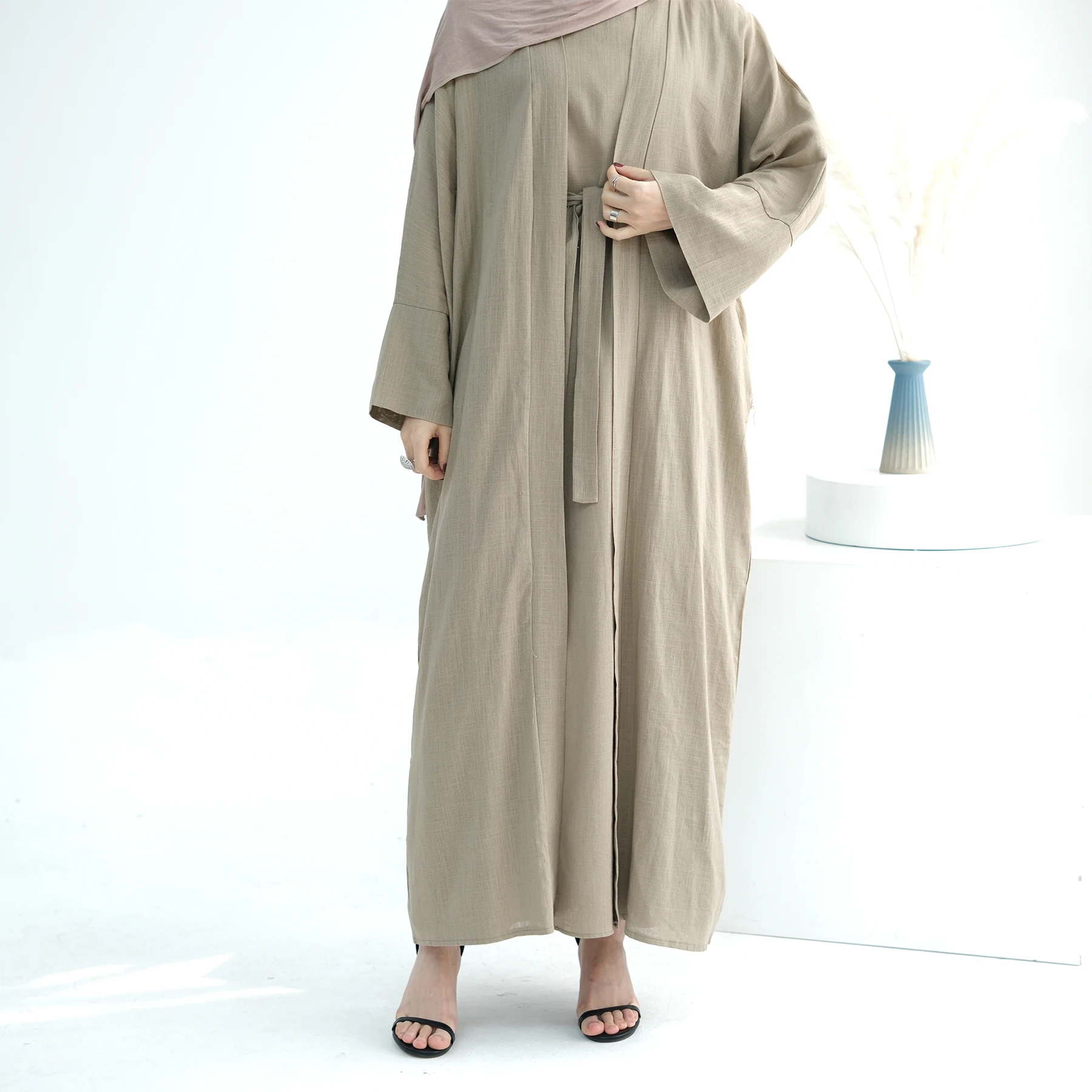 Saudi Solid Open Abaya Elegant Eid Muslim Modest Coat for Women Islam Turkey Dress Cotton Linen Long Sleeve Clothing Ramadan