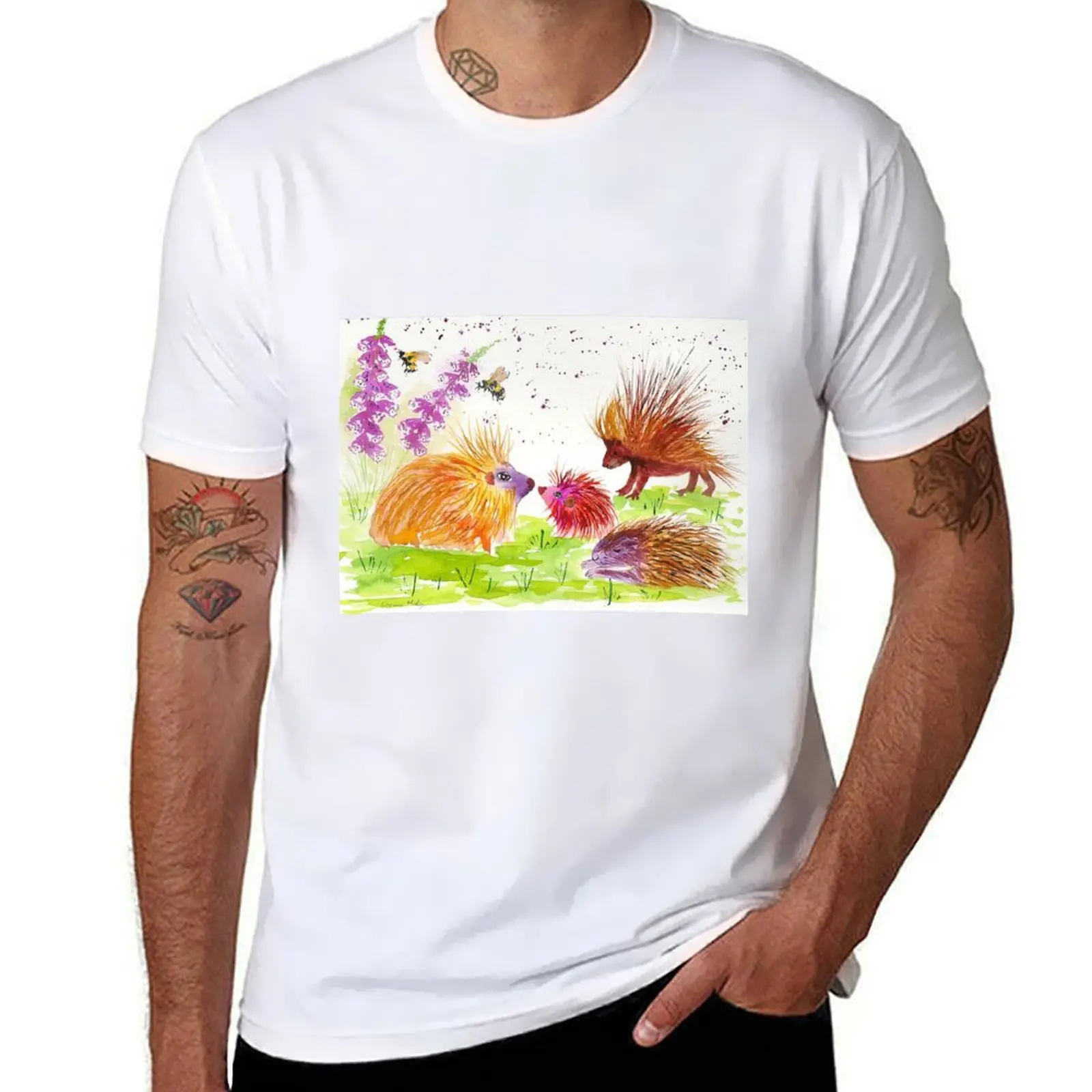 

Colorful Porcupines among flowers T-Shirt g man t shirts for men t shirts for man pack cotton T-Shirt