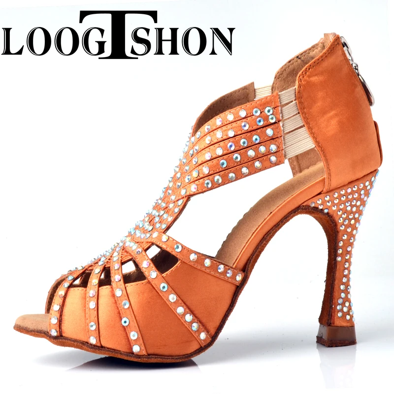 Loogtshon Pearl Rhinestone Professional Latin Dance ส้น 9 ซม.สีชมพูสีดํา Lady Dance รองเท้านุ่ม Samba Rumba Cha Cha รองเท้า