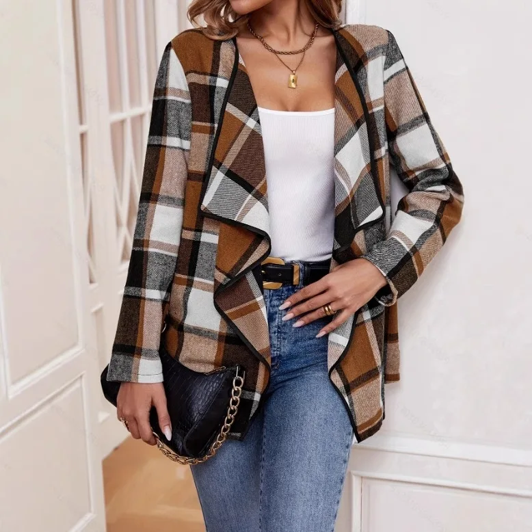 

European and American cross-border women's fashionable and elegant plaid printed slim fit jacket