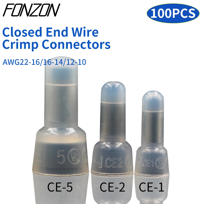 

100PCS Closed End Crimp Cap AWG 22-16/16-14/12-10 CE-1/CE-2/CE-5 Electrical Wire Cable Terminals Connectors Splice Caps