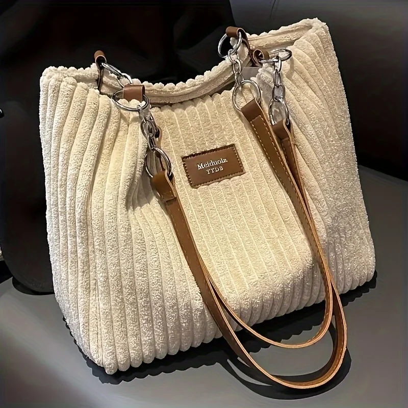 Cord-Einkaufstasche mit großem Fassungsvermögen, Umhängetasche mit Kettenriemen für Damen, Polyesterfutter, Reißverschluss, Schwarz, Beige, Khaki, Grün – Detail 3
