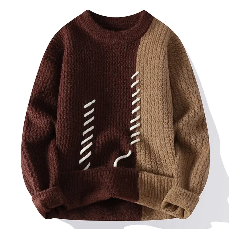 

Men Pullovers Sweaters Patchwork Round Neck Full Sleeve Casual Tops Knit Spliced Simple Regular Top Autumn Winter 2025 New