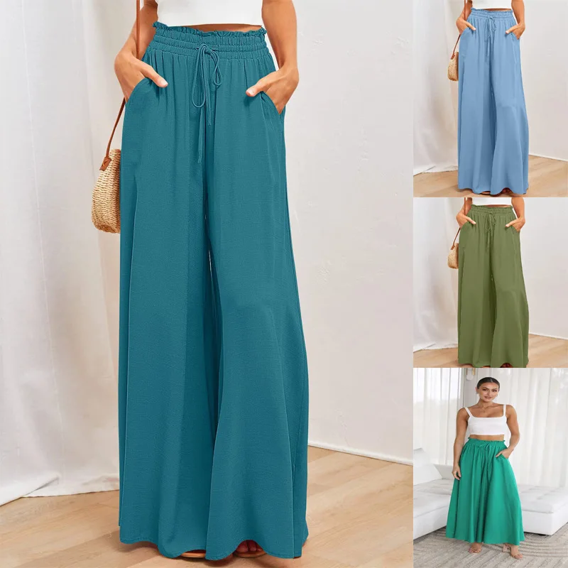 

2024 Summer Casual Wde Leg Pants For Women Solid Color Elastic Waistband High Waist Loose Trousers Fashion Elegant Pants Pantalo