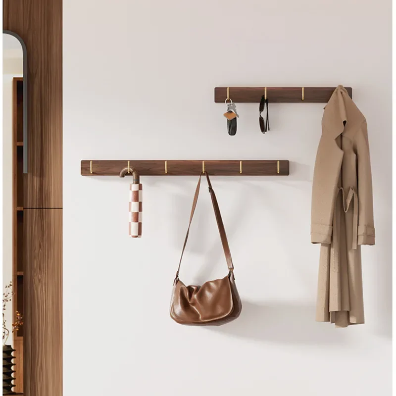 No Punching Clothes Hook Black Walnut Wood Coat Rack Creative Living Room Storage Shelves Versatile Scene Hanger For Bags